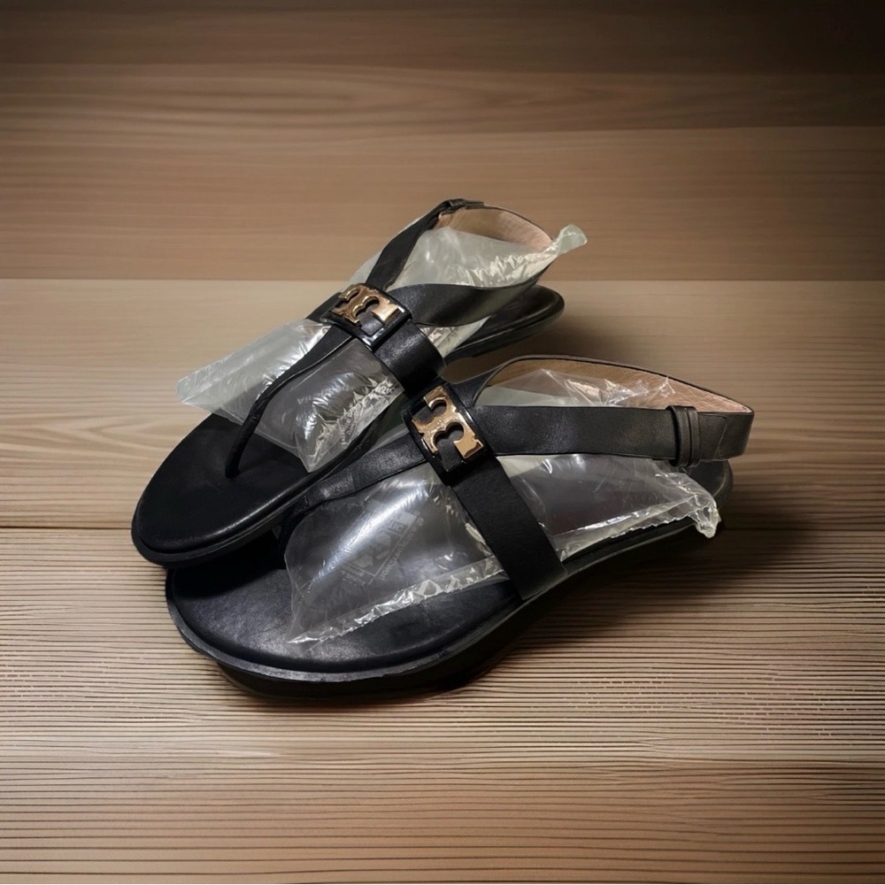 Tory Burch Gigi Black Gold Miller Thong Sandals Size 9.5